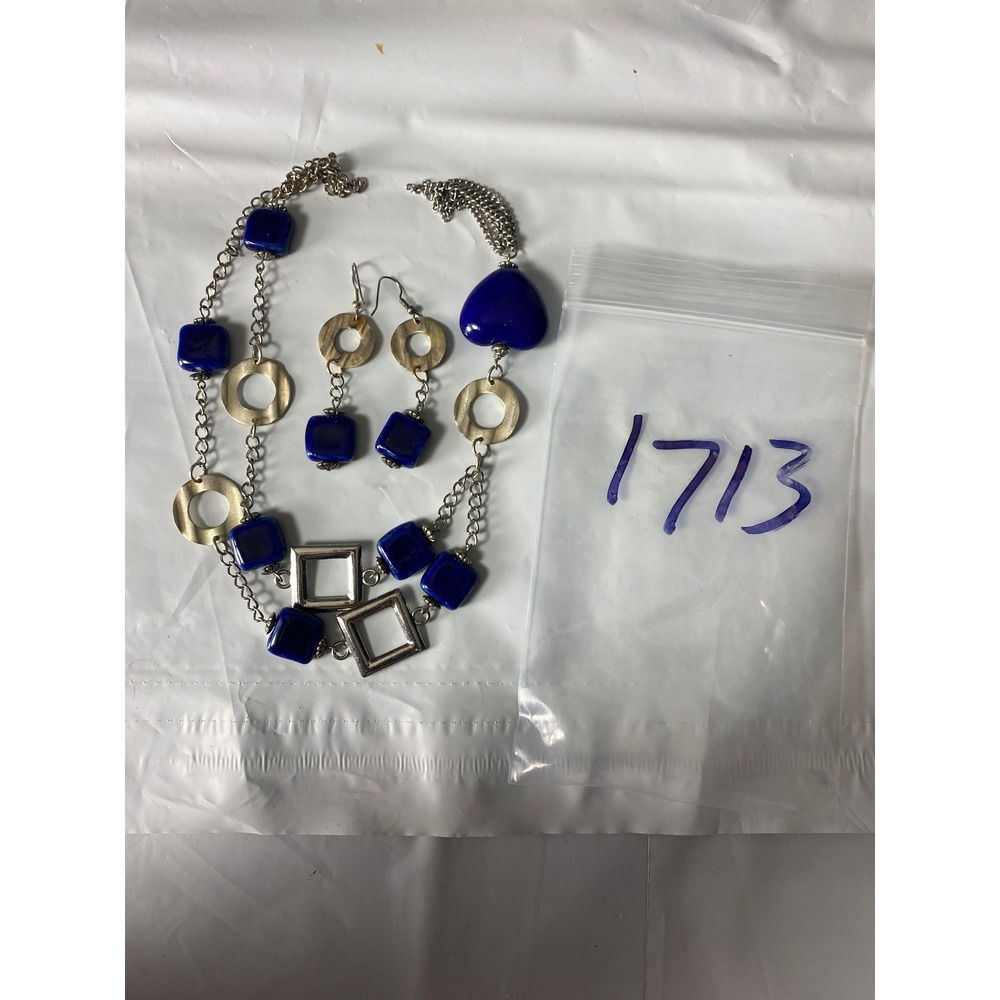 Blue Beaded Necklace and Earring Set Silver Tone Chain Geometric Links